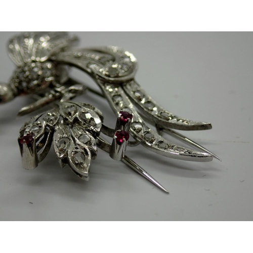 62 - Early 20th century white gold bird form brooch set with diamonds and rubies, H: 60 mm, 14.4g, mark i... 