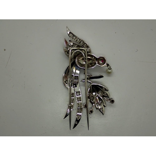 62 - Early 20th century white gold bird form brooch set with diamonds and rubies, H: 60 mm, 14.4g, mark i... 