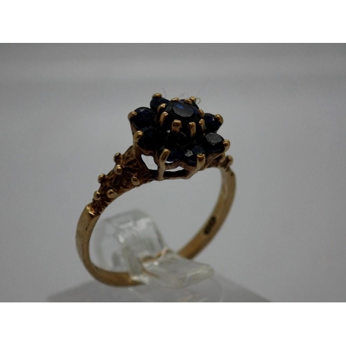 74 - 9ct gold cluster ring set with sapphires, size O, 2.0g. UK P&P Group 0 (£6+VAT for the first lot and... 