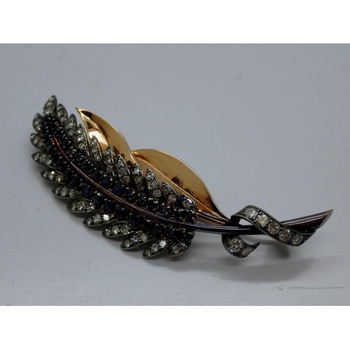 76 - Late 19th/early 20th century yellow and white gold feather form brooch set with diamonds and sapphir... 