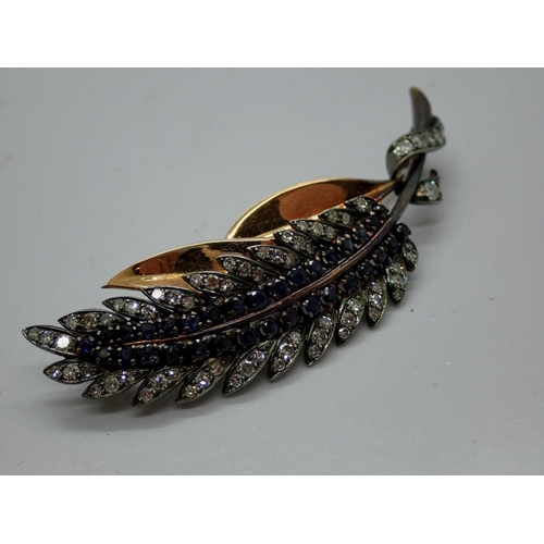 76 - Late 19th/early 20th century yellow and white gold feather form brooch set with diamonds and sapphir... 