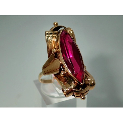 89 - Continental 14ct gold dress ring set with a very large marquise cut ruby (22 x 7.5 mm), size P, 6.5g... 