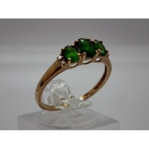 90 - 9ct gold trilogy ring set with emeralds and diamond set shoulders, size P, 1.5g. UK P&P Group 0 (£6+... 