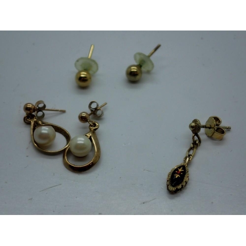 114 - Pair of 9ct gold and pearl earrings, a pair of yellow metal stud earrings and a further yellow metal... 