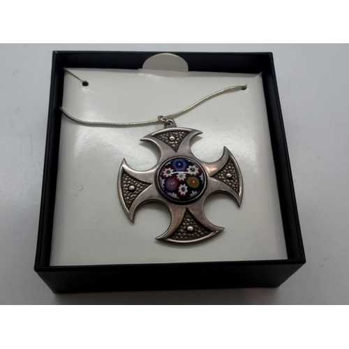 126 - Hallmarked silver and Murano glass millefiori cross pendant necklace, chain L: 46 cm. UK P&P Group 1... 