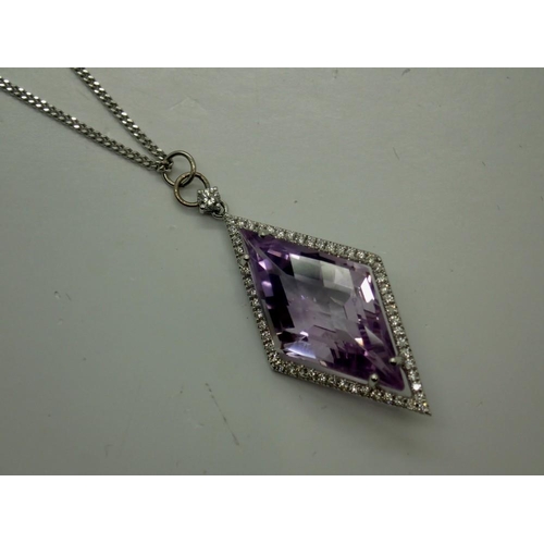 128 - 18ct white gold amethyst and diamond pendant on an 18ct white gold chain, pendant H: 40 mm, 6.5g, UK... 