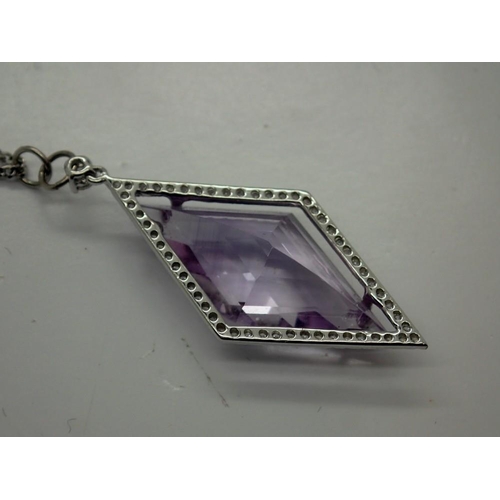 128 - 18ct white gold amethyst and diamond pendant on an 18ct white gold chain, pendant H: 40 mm, 6.5g, UK... 