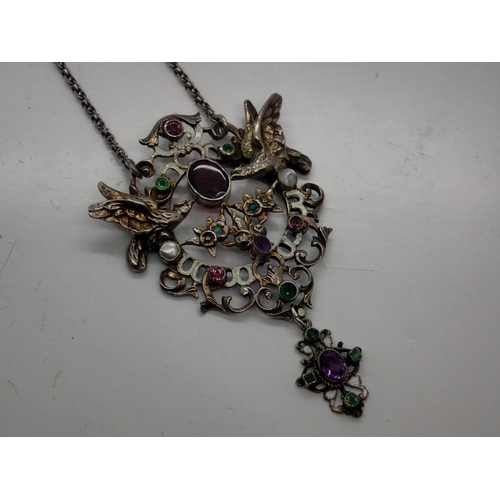 132 - Victorian renaissance revival enamelled silver pendant necklace set with amethyst and emeralds, pend... 