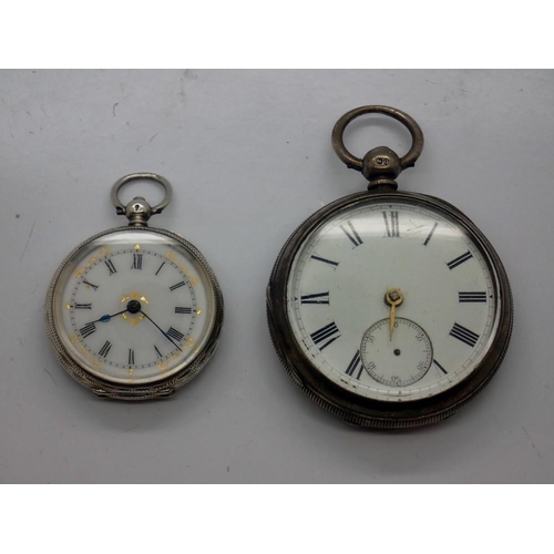 143 - Hallmarked silver key-wind open faced pocket watch, with a 935 continental silver ladies fob watch, ... 