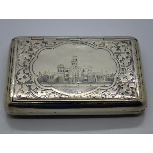 166 - Russian silver table snuff box with Niello architectural decoration, 105 x 70 mm, 137g. UK P&P Group... 