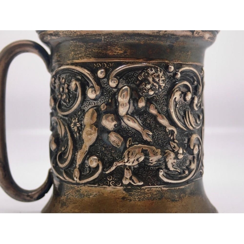 174 - Victorian hallmarked silver christening tankard, relief decorated with figures and swags, H: 56 mm, ... 