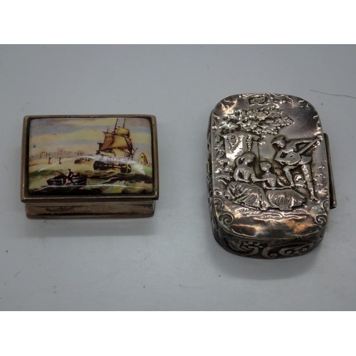 180 - Hallmarked silver pillbox and a white metal example, largest 48 x 17 mm. UK P&P Group 1 (£16+VAT for... 