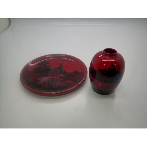 294 - Royal Doulton Flambé trinket dish and diminutive vase, losses to rim and base on dish, D: 10 cm. UK ... 