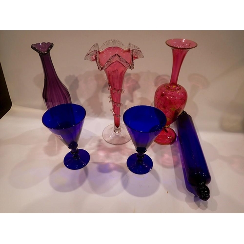 315 - Six pieces of Victorian glass including Bristol blue and cranberry glass epergne, largest H: 31 cm. ... 