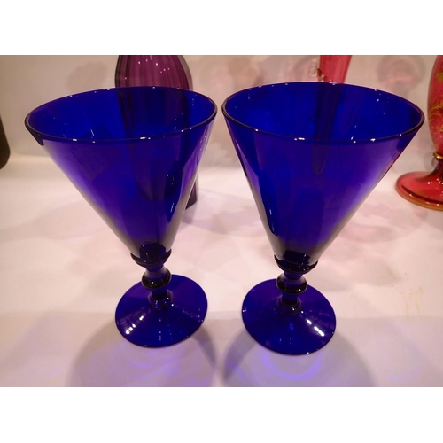 315 - Six pieces of Victorian glass including Bristol blue and cranberry glass epergne, largest H: 31 cm. ... 