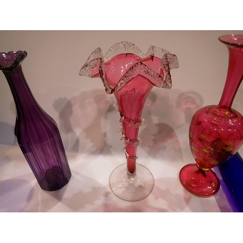 315 - Six pieces of Victorian glass including Bristol blue and cranberry glass epergne, largest H: 31 cm. ... 