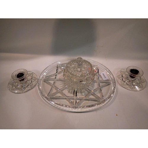 318 - Stuart Crystal tray, pair of candle sticks and a covered bowl, tray L: 27 cm. Not available for in-h... 