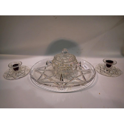 318 - Stuart Crystal tray, pair of candle sticks and a covered bowl, tray L: 27 cm. Not available for in-h... 