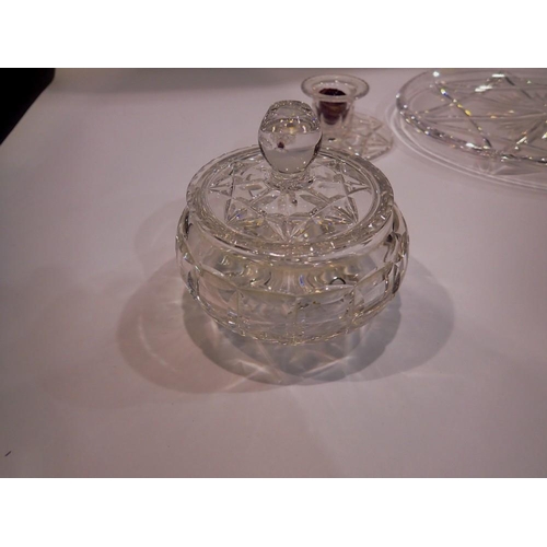 318 - Stuart Crystal tray, pair of candle sticks and a covered bowl, tray L: 27 cm. Not available for in-h... 