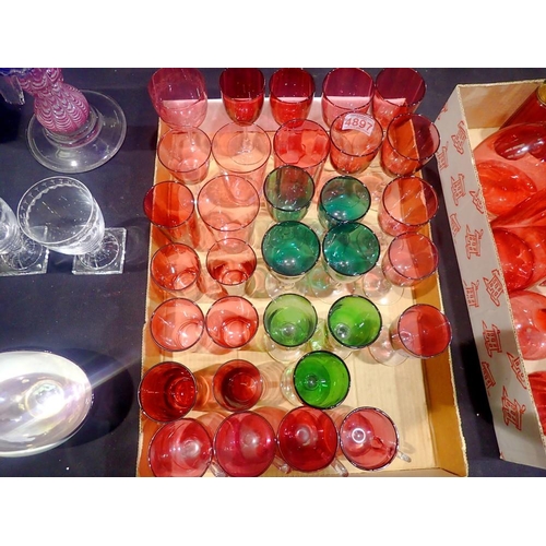 323 - Large collection of cranberry and green coloured glass goblets and beakers. Not available for in-hou... 