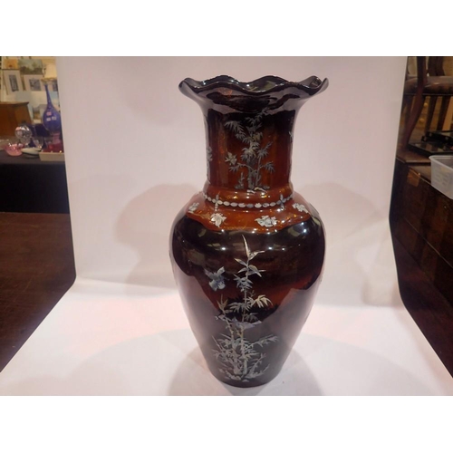 327 - Large lacquered baluster vase decorated with mother of pearl, chip to rim, H: 56 cm. Not available f... 