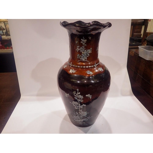 327 - Large lacquered baluster vase decorated with mother of pearl, chip to rim, H: 56 cm. Not available f... 