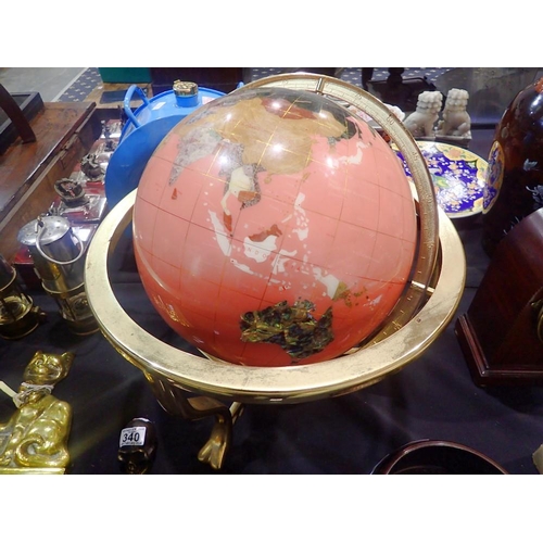 341 - World globe made from semi precious stones on a brass base, H: 55 cm. Not available for in-house P&P