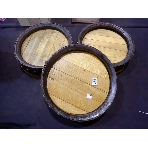 358 - Three handcrafted trays, formed from oak barrel tops, as used on Great British Menu, D: 40 cm. UK P&... 