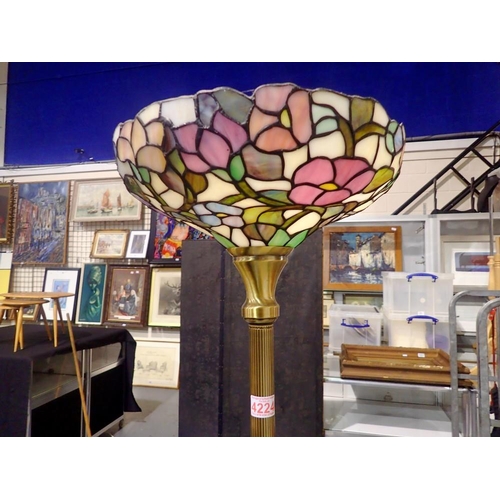 362 - Brass standard lamp on a circular base with stained glass shade in the Tiffany style, H: 176 cm. Not... 