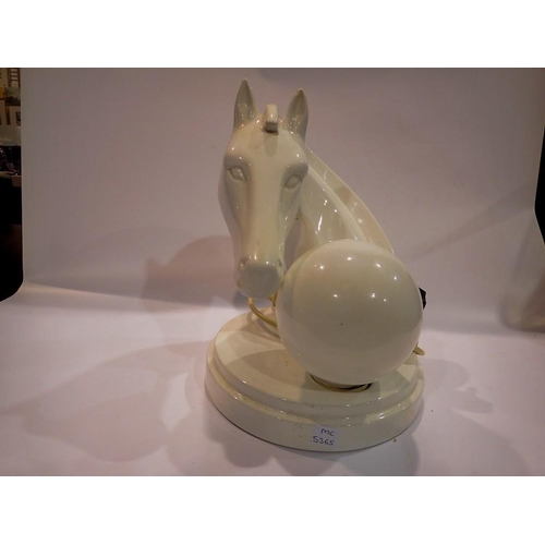 365 - Mid 20th century ceramic table lamp, in the form of a stylised horse with globular white shade, H: 2... 