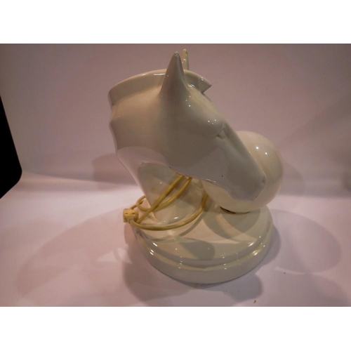 365 - Mid 20th century ceramic table lamp, in the form of a stylised horse with globular white shade, H: 2... 