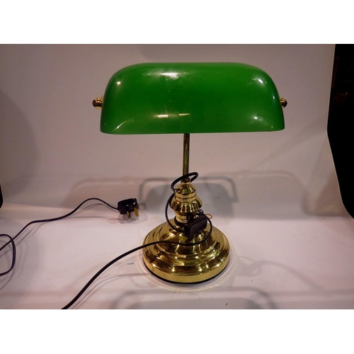 367 - Brass based bankers lamp with green glass shade, H: 40 cm. All electrical items in this lot have bee... 