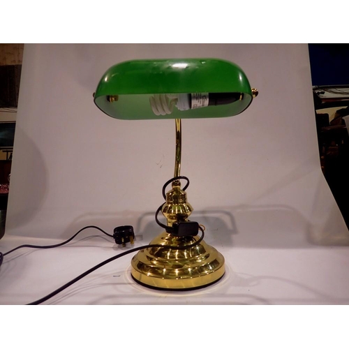 367 - Brass based bankers lamp with green glass shade, H: 40 cm. All electrical items in this lot have bee... 