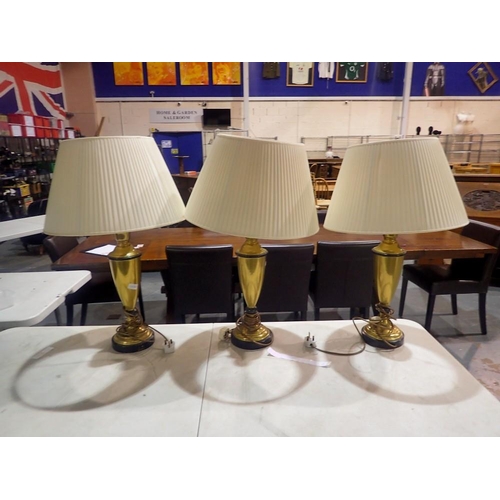 374 - Trio of brass table lamps with shades, H: 79 cm. All electrical items in this lot have been PAT test... 