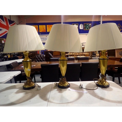 374 - Trio of brass table lamps with shades, H: 79 cm. All electrical items in this lot have been PAT test... 