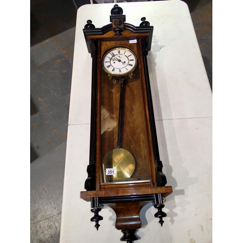 351 - 19th century mahogany cased Vienna wall clock with twin weights and subsidiary dial, H: 125 cm. Not ... 