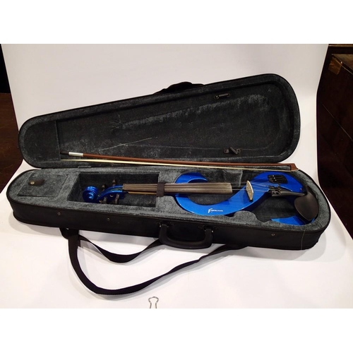 455 - Rocket Music blue electric violin with case and bow. UK P&P Group 3 (£30+VAT for the first lot and £... 