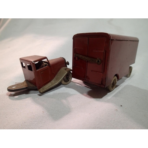 2109 - Triang Minic clockwork vehicles, learner car, Minic transport van, and caravan, all good condition, ... 