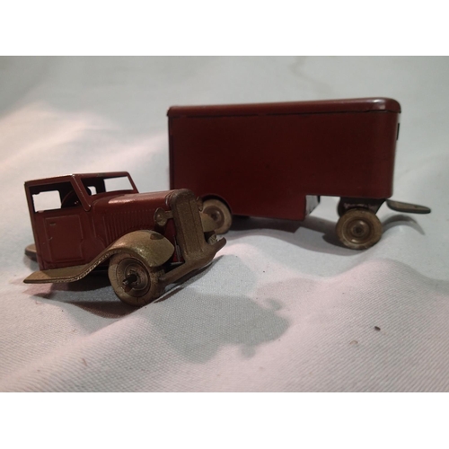 2109 - Triang Minic clockwork vehicles, learner car, Minic transport van, and caravan, all good condition, ... 