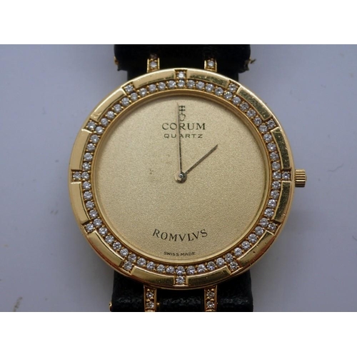 159 - CORUM ROMULUS: 18ct gold cased wristwatch with diamond set bezel on a black leather strap, not worki... 