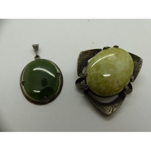 70 - Miracle stone set brooch with a jade pendant in a silver mount, largest H: 40 mm. UK P&P Group 0 (£6... 