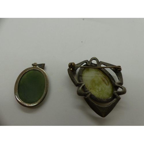 70 - Miracle stone set brooch with a jade pendant in a silver mount, largest H: 40 mm. UK P&P Group 0 (£6... 