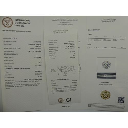 109 - 18ct gold 1.5 cts diamond solitaire ring with lab report from IGI, size K, 3.0g. UK P&P Group 0 (£6+... 