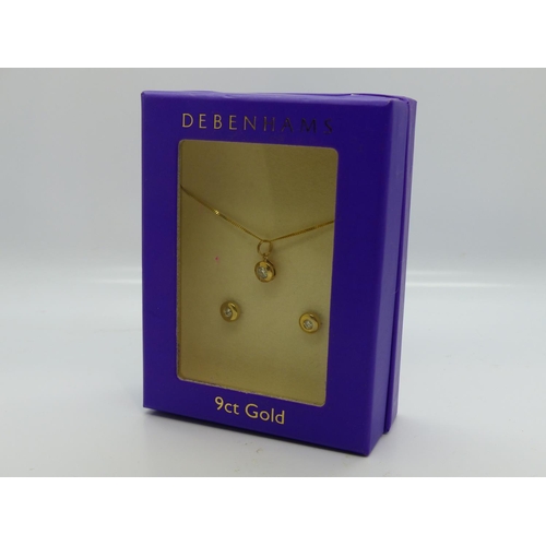 124 - Debenhams 9ct gold stone set suite of jewellery, comprising a pendant necklace and pair of stud earr... 