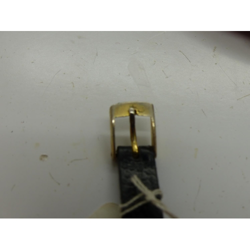 152 - Omega 9ct gold cased ladies wristwatch, on a black leather strap, boxed. Not working. UK P&P Group 1... 