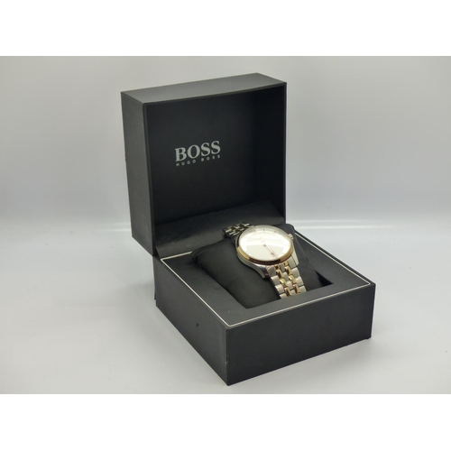 156 - Boss by Hugo Boss gents wristwatch with date aperture on a stainless steel bracelet, boxed, not work... 