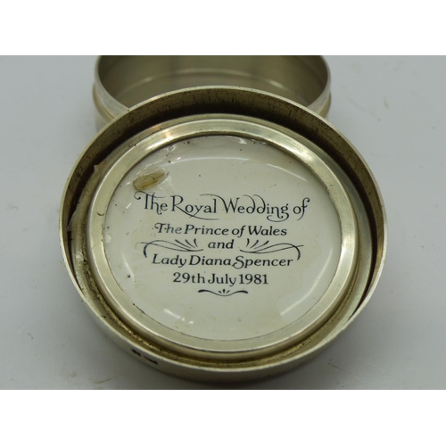 198 - Hallmarked silver and enamel pillbox to commemorate the wedding of Lady Diana and the Price of Wales... 