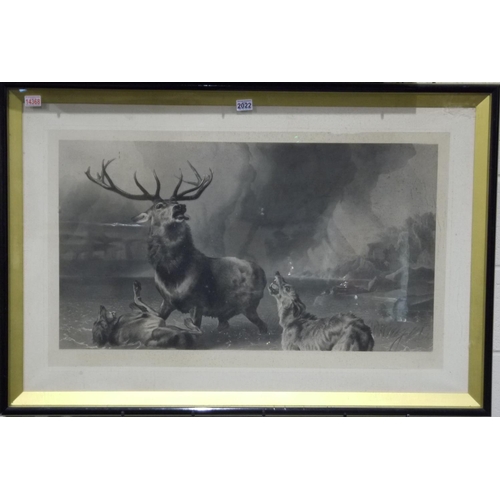 504 - Thomas Landseer (1795 - 1880): Victorian monochrome print, from the engraving The Stag At Bay, 98 x ... 