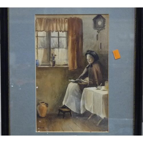 505 - Arthur Hopkins RWS (1848 - 1930): watercolour, interior scene with a seated lady, dated 1902, 21 x 3... 