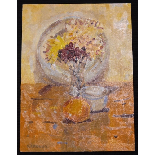 506 - Keith Gardner RCA (b. 1933): oil on board, Plate, Flowers, Bowl, Orange, 23 x 30 cm. UK P&P Group 2 ... 